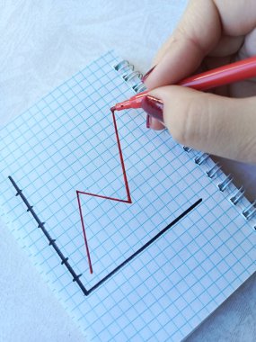 Bir kadının eli yukarı doğru kırmızı bir işaret ile büyüyen bir grafik çizer. Enflasyon. Yükselen fiyatlar. Borçlar, ipotekler. Geçmişi. Yıllık mali rapor kavramının olumlu sonucu. Fiyat artışı.