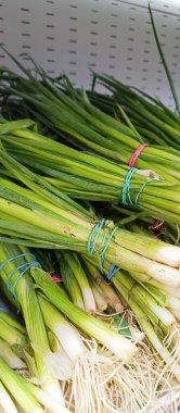 Süpermarkette tezgahın üzerinde bir sürü yeşil soğan var. Sebze pazarının reklamı için arka plan. Taze yeşiller.