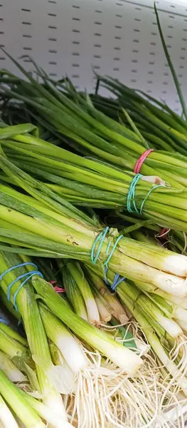 Süpermarkette tezgahın üzerinde bir sürü yeşil soğan var. Sebze pazarının reklamı için arka plan. Taze yeşiller.