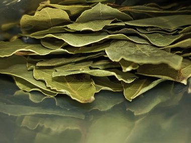 Paketteki kurumuş defne yaprağının yakın çekimi. Körfez yaprakları çeşnisi. Et ve sebze yemekleri için aromatik baharat.