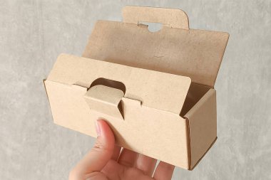 Beyaz arka planda küçük bir karton kutu tutan kadın elleri. ambalaj ve dağıtım konsepti, üst görünüm