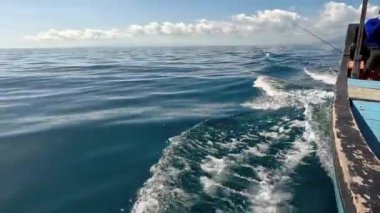 Güneşli bir günde hareket halindeki bir tekneden deniz pelerini. Tatil, seyahat ve tatil konsepti.