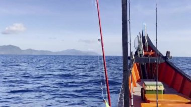 Güneşli bir günde hareket halindeki bir tekneden deniz pelerini. Güzel gökyüzü. Tatil, seyahat ve tatil konsepti.