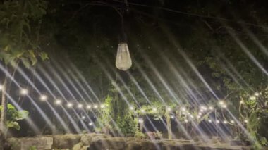 Ağaçta asılı duran dekoratif ip ampulü. Açık hava barosu partisi. Ampul Asma Gecesi Yaz Gecesi. Tatil, seyahat, tatil ve balayı konsepti.