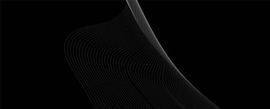 Soyut gri dalgalı akışkan dinamik eğri çizgileri siyah arkaplanda izole edilmiş. Dijital gelecek teknolojisi kavramı. Web tasarımı için kullanılan tasarım, kapak, teknoloji, bilim, veri, müzik, dergi.