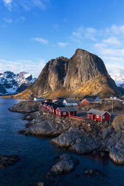 Norveç dağlarının güzel manzarası ve arka planda ahşap bir ev..