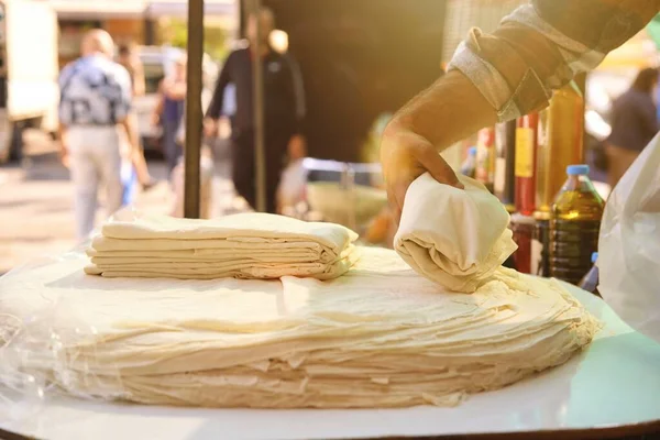 stock image stacks of thin turkish lavash bread selling on farmers market at Turkey. High quality photo