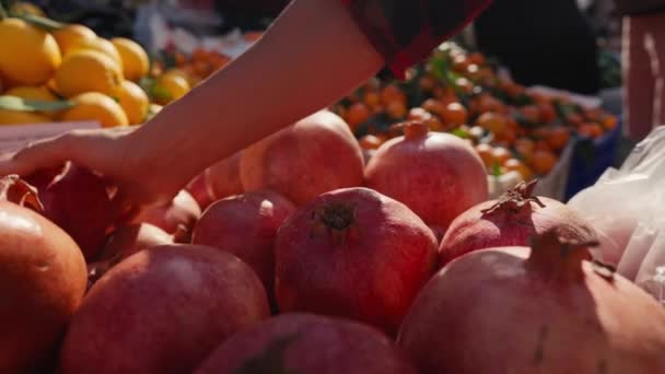 Vörös Gránátalma Vásárlása Helyi Termelői Piacon Gyümölcsös Polcon Lévő Vevő — Stock videók