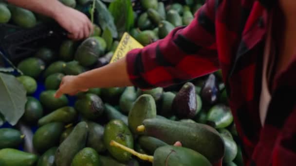 Γυναίκα Επιλέγει Αβοκάντο Και Λαχανικά Στο Δρόμο Αγρότες Αγορά Μηδέν — Αρχείο Βίντεο