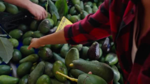 年轻女子在杂货店里挑选主唱 零废物女孩在本地有机市场购买水果和蔬菜 — 图库视频影像