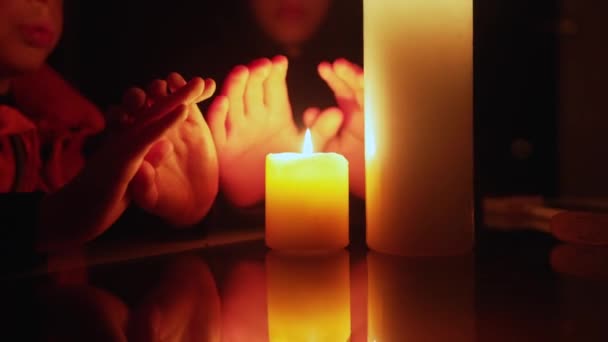 Family Sitting Candles Blackout War Ukraine — Stock Video