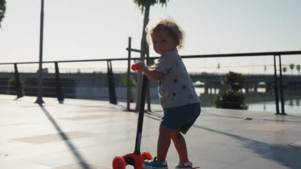Little Boy Riding Kick Scooter Park — Vídeos de Stock