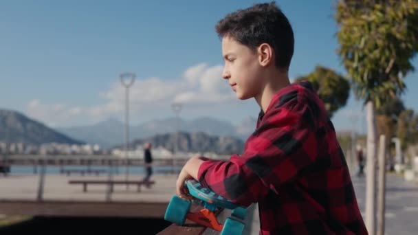 Portrait Caucasian Years Old Boy Holding Skateboard Sunny Day — Video