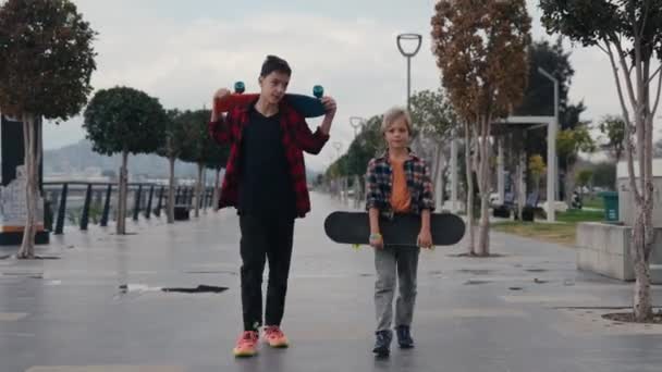 Boys Carrying Skateboards Suburban Street — Vídeos de Stock