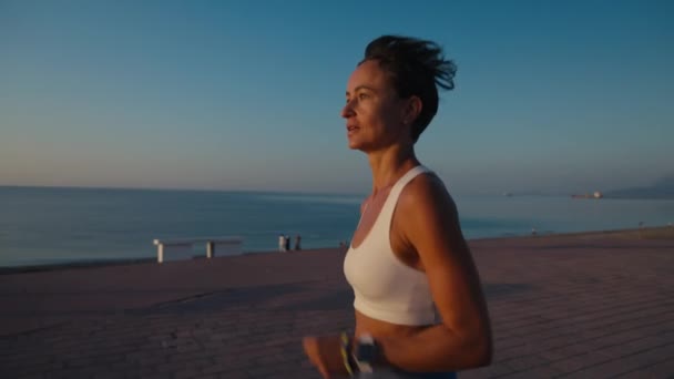 Young Fitness Sport Woman Running Road Sunset Athlete Runner Feet — Stock Video