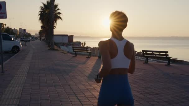 Young Fitness Sport Woman Running Road Sunset Athlete Runner Feet — Stock Video