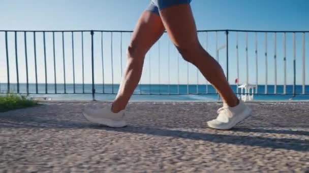 Αθλητής Κορίτσι Περπάτημα Seacoast Στο Λυκόφως Κρατώντας Sport Mat Γιόγκα — Αρχείο Βίντεο