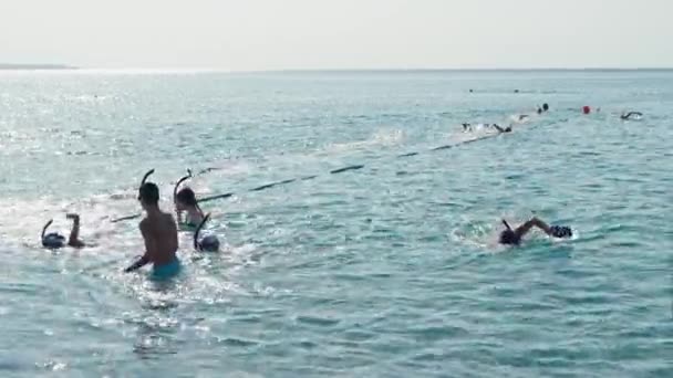 土耳其安塔利亚 2023年7月8日 游泳者在海里 大海中游泳训练 一群孩子正在训练如何在公海上游泳 高质量的4K镜头 — 图库视频影像