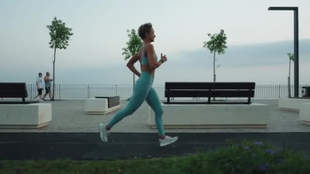 ビーチで走っている女性 競争力のあるワークアウトの挑戦を早朝走ることを楽しむ激しいカーディオのトレーニング 早朝走る女の子 — ストック動画