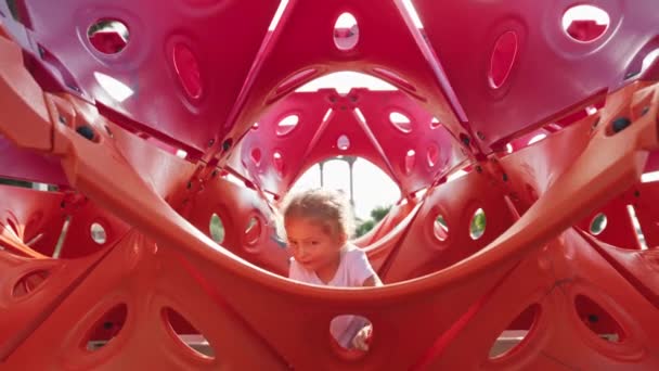 Çocuk Parkta Oynuyor Tırmanıyor Sallanıyor Ilık Havalarda Kayıyor Yaz Mutluluk — Stok video