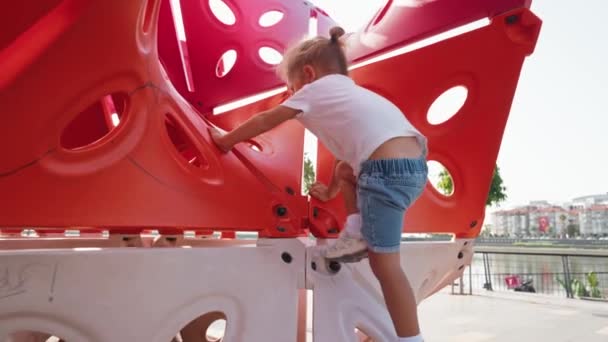 Boy Playing Playground Climbing Swinging Sliding Warm Weather Fun Summer — Stock Video