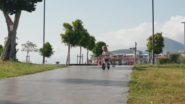 Szczęśliwy Wesoły Dzieciak Jeździ Rowerze Parku Łonie Natury Mały Chłopiec — Wideo stockowe