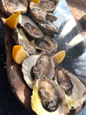 Limon dilimleriyle süslenmiş, ahşap bir tabağa dizilmiş taze istiridye. Güneş ışığı istiridyelerin parlak dokusunu ön plana çıkarıyor ve iştah açıcı bir sunum oluşturuyor..