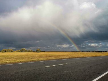 Canlı bir gökkuşağı tarafından vurgulanmış dramatik gri gökyüzünün altında altın bir tarla boyunca uzanan bir otoyol. Manzara, doğa, hava veya kırsal manzara temaları için mükemmel.