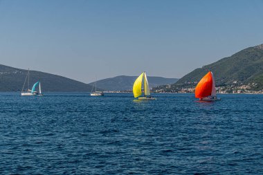 Canlı yelkenli yelkenliler, yemyeşil tepeler ve kıyı kasabası tarafından desteklenen güneşli bir yelkenli yarışı sırasında sakin bir denizde yol alırlar. Denizcilik sporu ve yaz tatili teması. Seyahat ve yaşam tarzı kullanımı için mükemmel..
