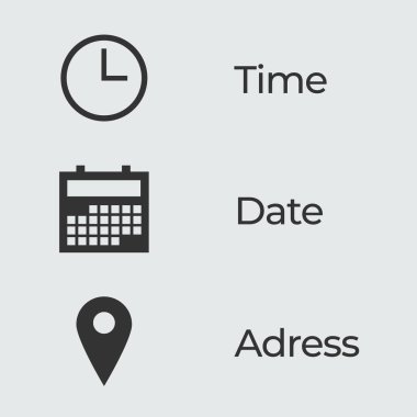 Time, Date and Adress Concept Isolated on Monochrome Background clipart