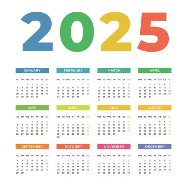 Pazartesi Başlamasıyla 2025 Yıllık Takvim Şablonu