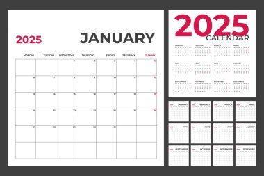 Pazartesi Başlamasıyla 2025 Yıllık Takvim Şablonu