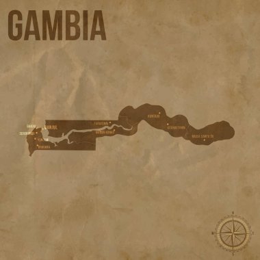 Bölgesel Sınırlar ve Büyük Şehirler Konumlarıyla Eski GAMBIA Haritası