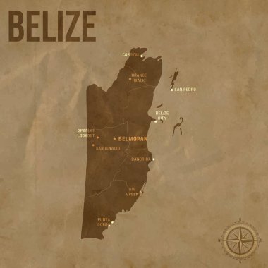 Bölgesel Sınırlar ve Büyük Şehirler Konumlarıyla Klasik BELIZE Haritası