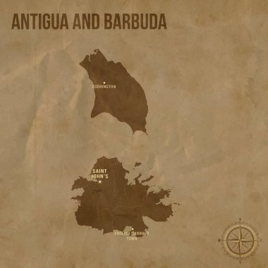 Antika ANTIGUA ve BARBUDA Bölgeler Sınırlar ve Büyük Şehirler Konumları Haritası