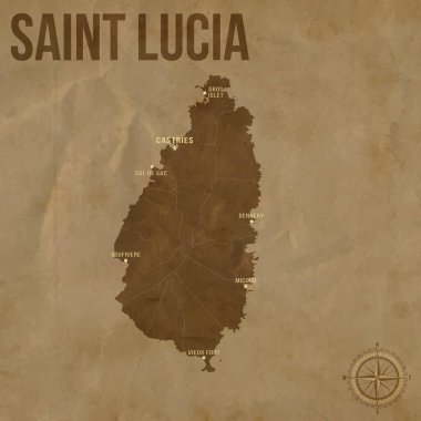 Vintage SAINT LUCIA Map with Regions Borders and Major Cities Positions clipart