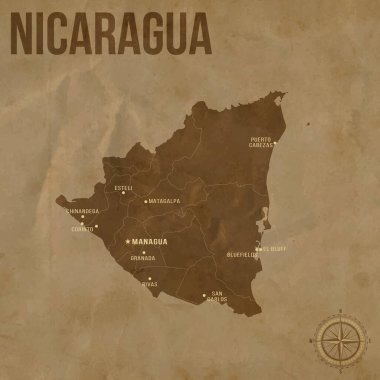 Bölgesel Sınırlar ve Büyük Şehirler Konumlarıyla Eski NICARAGUA Haritası