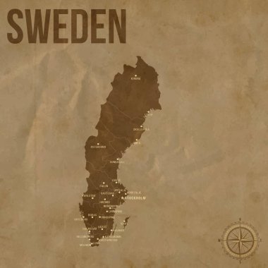 Bölgesel Sınırlar ve Büyük Şehirler Konumlarıyla Eski SwEDEN Haritası