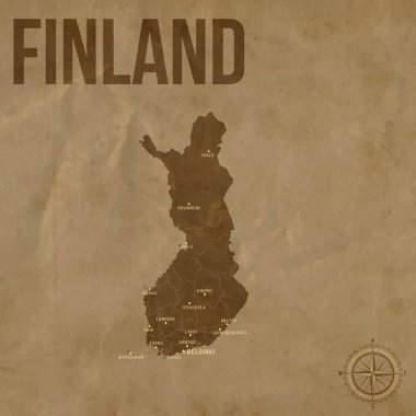 Bölgesel Sınırlar ve Büyük Şehirler Konumlarıyla Eski FINLAND Haritası