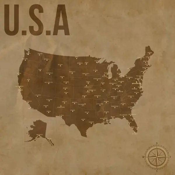 Bölgesel Sınırlar ve Büyük Şehirler Konumlu Klasik ABD Haritası