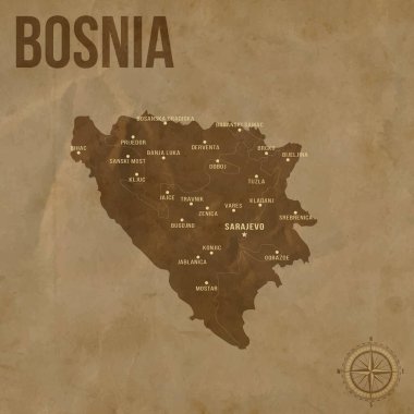 Bölgesel Sınırlar ve Büyük Şehirler Konumlarıyla Eski BOSNIA Haritası