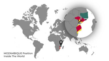 MOZAMBIQUE Position Inside the World with Flag in Map clipart