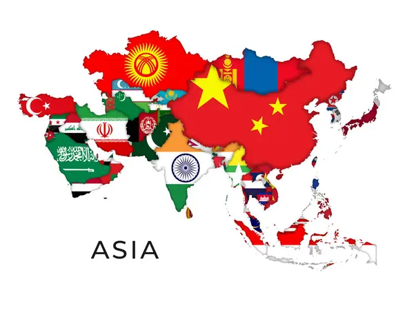Her Ülkenin Bayraklarını Vurgulayan Asya Haritası