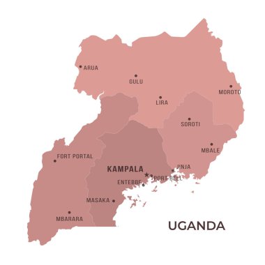 Bölgesel Sınırlar ve Ünlü Şehirlerle UGANDA Haritası