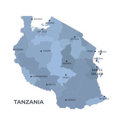TANZANIA 'nın Sınır ve Meşhur Şehirleri Haritası