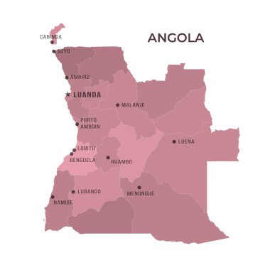 Sınırları ve ünlü şehirleri olan ANGOLA Haritası