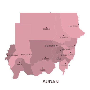 Sınırları ve ünlü şehirleri olan SUDAN Haritası