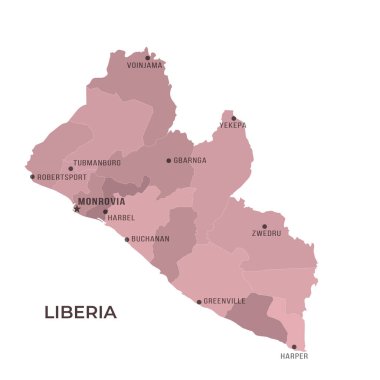 Sınırları ve ünlü şehirleri olan LIBERIA Haritası
