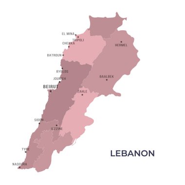 Sınırları ve ünlü şehirleri olan LEBANON Haritası