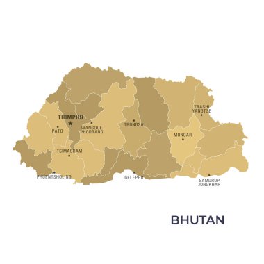BHUTAN 'ın Sınır ve Meşhur Şehirleri Haritası